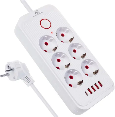 Maclean MCE389 biela / Predlžovací prívod / 6x zásuvka / 4X USB-A / 1x USB-C / 2500 W / 1,5 m