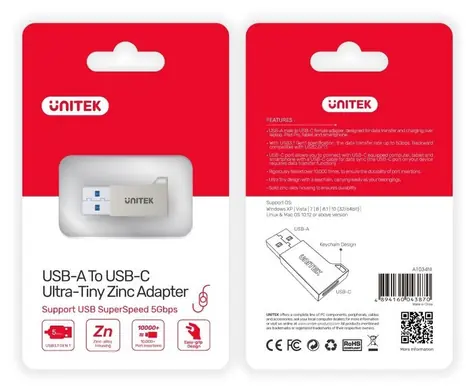 Unitek A1034NI strieborná / Adaptér / USB-A na USB-C / USB 3.1 Gen 1 / 5 Gbps