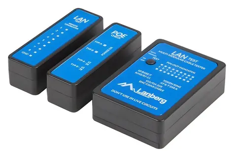 Lanberg tester káblov LAN a PoE čierny / Tester káblov / RJ-45 / RJ-11 / Koax / PoE test / LED indikácia