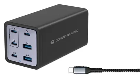 Conceptronic OZUL06BE čierna / USB nabíjací adaptér / 2x USB-A / 4X USB-C / 200 W / USB-PD