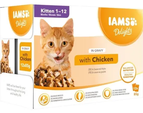 IAMS Delights Kitten kura v šťave 12x85 g / Kapsičky pre mačky / Kompletné krmivo / Mačiatka
