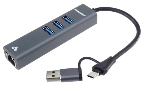 PremiumCord adaptér USB-C/USB-A na Gigabit Ethernet + 3x USB strieborný / Adaptér / RJ45 10/100/1000 / USB 3.2 5Gbps