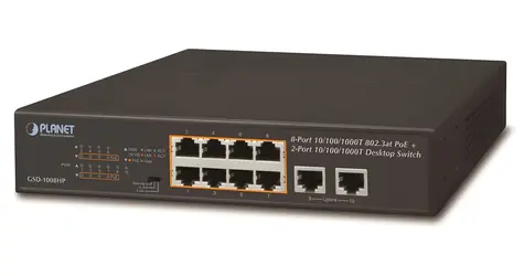 Planet GSD-1008HP / PoE switch / 8x PoE 802.3at 120W / 2x Gigabit / VLAN / Extend mód 250m