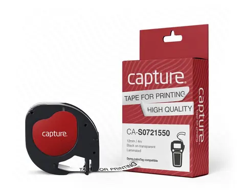 Capture páska do štítkov 12mm čierna na biele / Páska do tlačiarne štítkov / 4 m / kompatibilný Dymo LetraTag