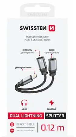 Swissten Textile čierna / Audio adaptér / Lightning (samec) - 2x Lightning (samica) / 0,12 m