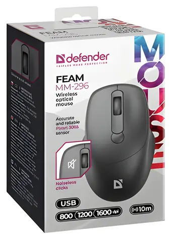 Defender FEAM MM-296 čierna / Bezdrôtová optická myš / 1600 DPI / 10 m / 2.4 GHz