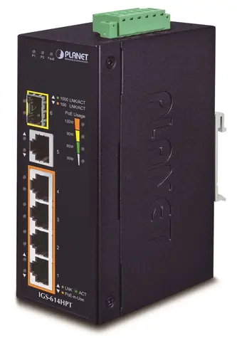 Planet IGS-614HPT / Priemyselný PoE switch / 5x 1000Base-T / 1x SFP / 4X PoE 802.3at / -40~75°C / DIN