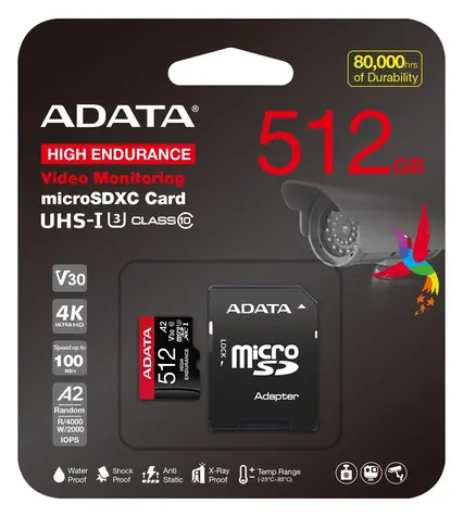 ADATA High Endurance 512GB / Pamäťová karta microSDXC / UHS-I U3 / čítanie 100 MB/s / zápis 85 MB/s / adaptér