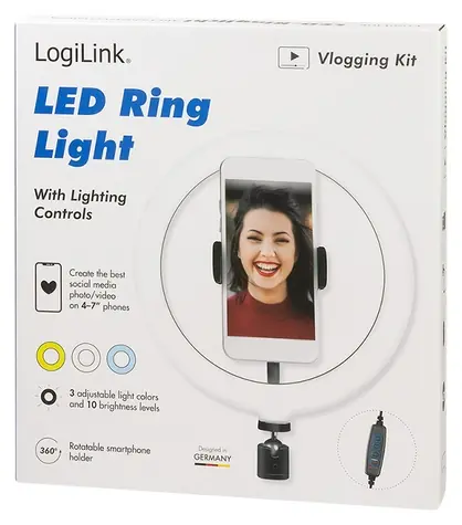 LogiLink Kruhové LED svetlo O 20 cm / Kruhové LED svetlo / 72 LED / 10 W / 1,8 m kábel