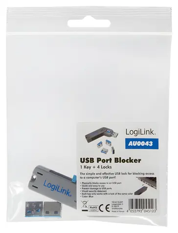 LogiLink AU0043 modrá / Blokovač USB portov / 4X zámok + kľúč / USB Typ-A