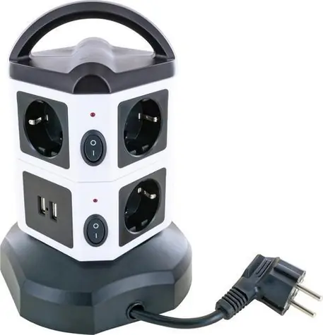 Schwaiger zásuvková veža 7x Schuko čierna, biela / Predlžovací kábel / 1x USB-A / 1x USB-C / 1,8 m / IP44