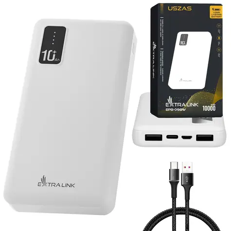 Extralink EPB-098W biela / Power banka / 10 000 mAh / USB-C / LED displej