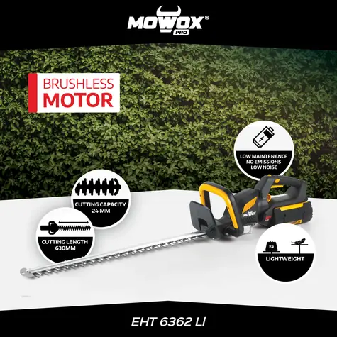 MoWox EHT 6362 Li Excel Series / Aku nožnice na živý plot / 62V / Otočná rukoväť / Dĺžka lišty 63 cm / bez aku a nabíjačky