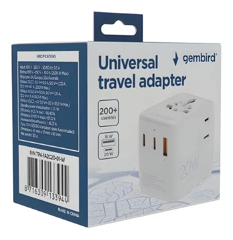 Gembird TPA-1A2C20-01-W biela / Cestovný adaptér / Univerzálny / 20 W