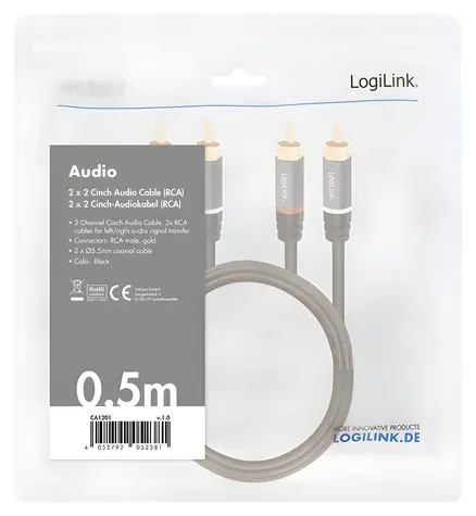 LogiLink 2x RCA (M) - 2x RCA (M) 0,5m čierna / Audio kábel / pozlátené konektory / tienený