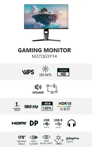 27" Thomson M27QG5Y14 / Monitor / IPS / QHD / 180Hz / 1ms / HDMI + DP + USB