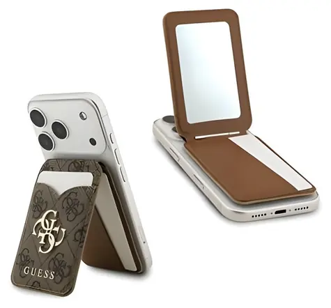 Guess PU 4G Mirror MagSafe hnedá / Peňaženka so stojanom / Slot na kartu / MagSafe