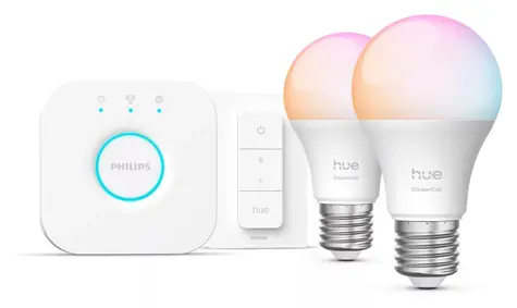 Philips Hue Essential WCA E27 9W 2ks + Bridge + stmievač / Sada šikovného osvetlenia / 806 lm / 2200-6500 K / stmievateľná