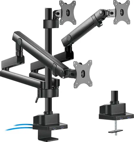 Maclean MC-811 čierna / Stolný držiak pre tri monitory / 17-27" / VESA 75x75-100x100 / nosnosť 21 kg / 2x USB 3.2