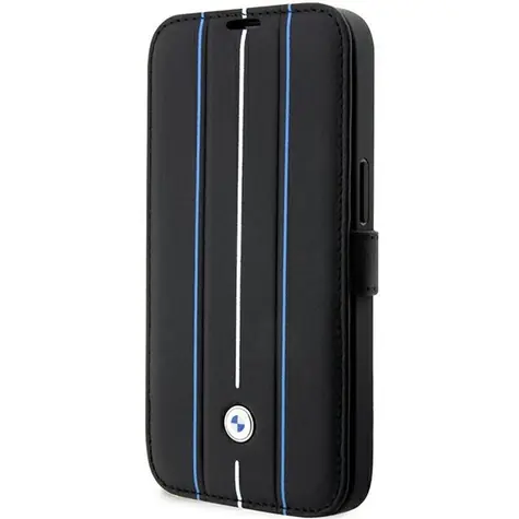 BMW Leather Stamp Blue Lines iPhone 14 Pre čierna / Knižkové puzdro / Ražený vzor