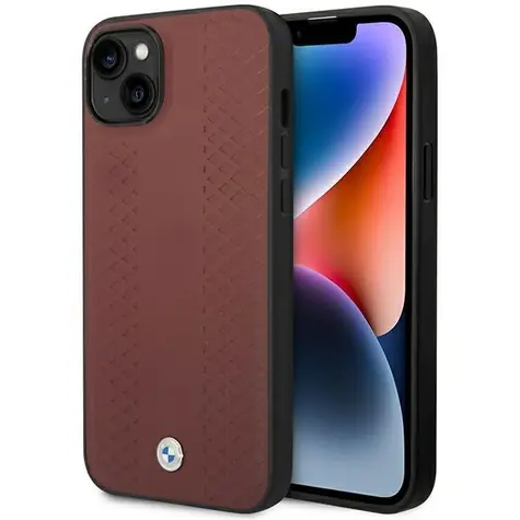 BMW Kožené puzdro Diamond Pattern pre Apple iPhone 14 vínová / Puzdro / Koža