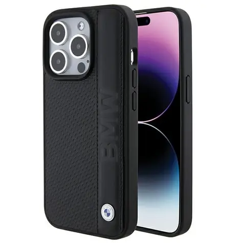 BMW Leather Textured & Stripe čierna / Zadný kryt / iPhone 15 Pro / pravá koža