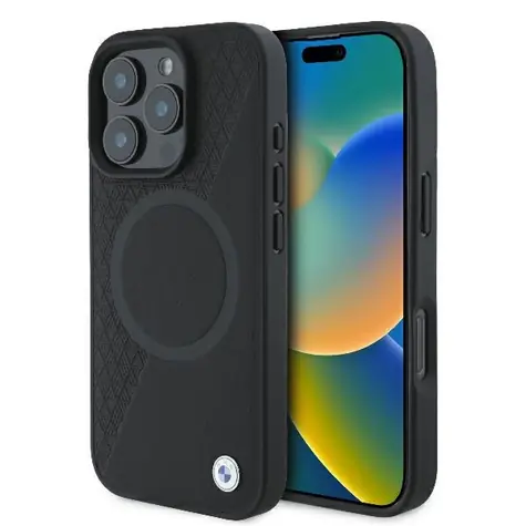 BMW Signature Leather Half Textured & Circle čierna / Zadný kryt / iPhone 16 Pro / pravá koža / MagSafe