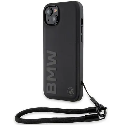 BMW Signature Leather Wordmark Cord čierna / Zadný kryt / iPhone 15/14/13