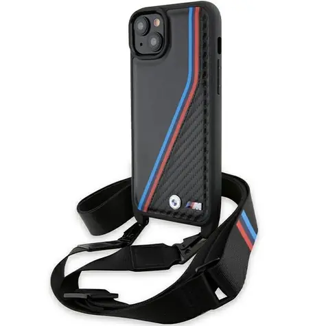BMW M Edition Carbon Tricolor Lines & Strap čierna / Zadný kryt / iPhone 15 PLUS a 14 PLUS / karbónový design