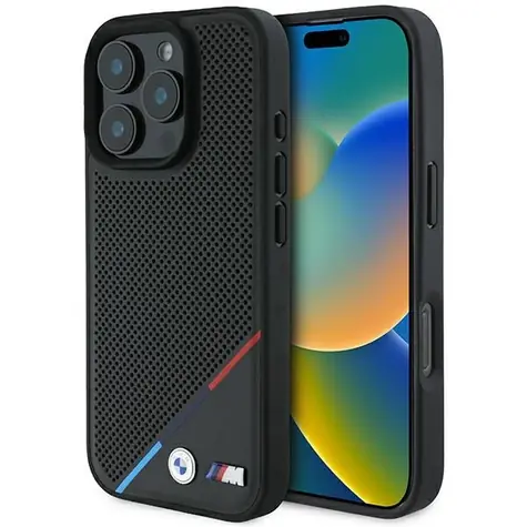 BMW M Perforated Tricolor Line čierna / Zadný kryt / MagSafe / iPhone 16 Pro