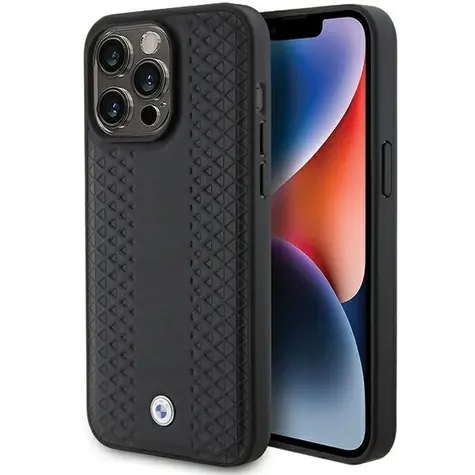 BMW Zadný kryt kožený s diamantovým vzorom pre iPhone 15 Pro čierna / Puzdro / Kožené
