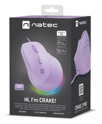 Natec Crake 2 PRO fialová / Vertikálna myš / Optická / Drôtová USB-A / 12 400 DPI / 6 tlačidiel / Pre pravákov