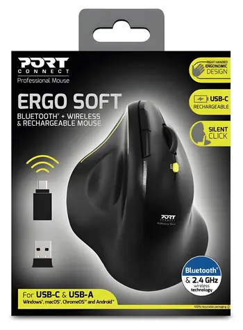 PORT CONNECT Ergo Soft COLLECTION čierna / Bezdrôtová ergonomická myš / Bluetooth + 2.4 GHz / 1600 DPI