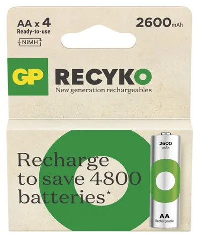 GP ReCyko AA 2600 mAh, 4 ks / Nabíjacie batérie / NiMH / 300+ cyklov