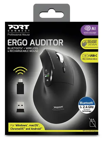 PORT CONNECT ERGO AUDITOR čierna / Bezdrôtová ergonomická myš / Bluetooth + 2,4 GHz / 4 800 DPI / 6 tlačidiel