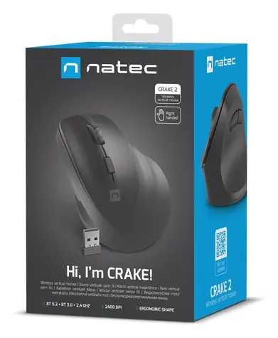 Natec Crake 2 čierna, pre pravákov / Bezdrôtová optická myš / Vertikálne / 2 400 DPI / USB + Bluetooth / 6 tlačidiel