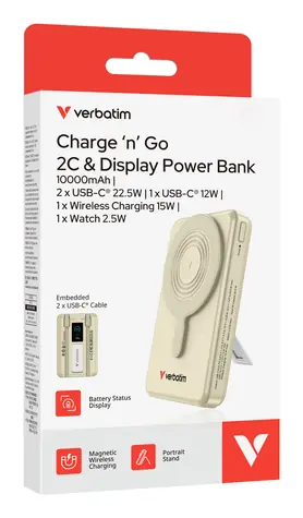 Verbatim Charge 'n' Go 2C zlatá / Powerbanka / 10000 mAh / Displej / USB-C / Bezdrôtové nabíjanie 15W