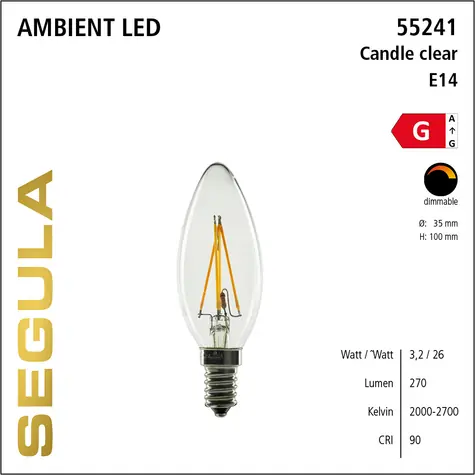 SEGULA LED sviečka číra Ambient / Žiarovka / E14 / 3,2 W (26 W) / 270 lm / 2000-2700 K / stmievateľná