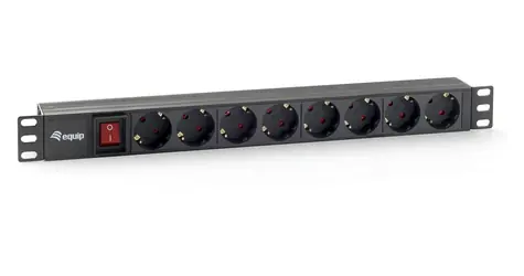 Equip 19" čierna / Zásuvkový panel / 1U / 8x Schuko / vypínač / 16 A / plast