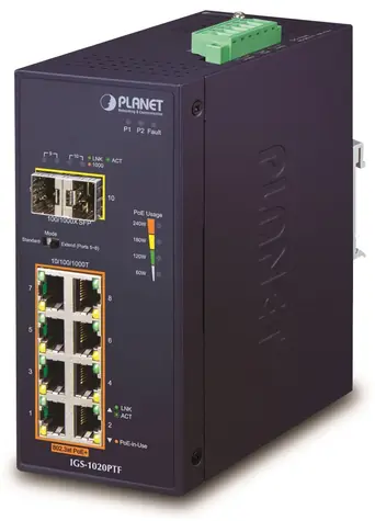 Planet Switch priemyselný 8- Port GE PoE+ / Switch / 8x GbE RJ-45 PoE+ 240W / 2x SFP 100/1000X / DIN lišta / -40~75°C