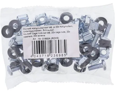InLine Montážna sada M6 20 ks / Montážna sada do racku / klietkové matice a skrutky / 16 mm / kov, plast