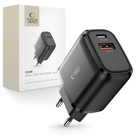Tech-Protect C20W čierna / Sieťová nabíjačka / USB-C PD 20W / USB-A QC 3.0