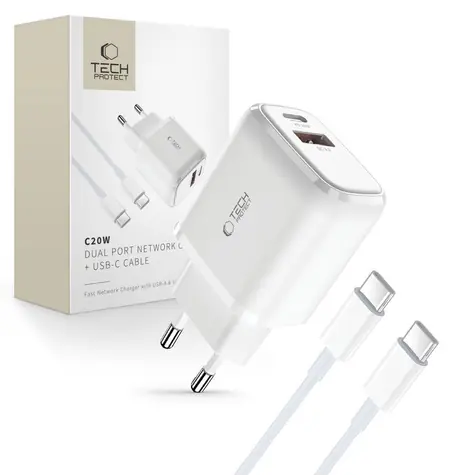 Tech-Protect C20W biela / Sieťová nabíjačka / 20W / USB-C PD / USB-A QC 3.0 / kábel USB-C