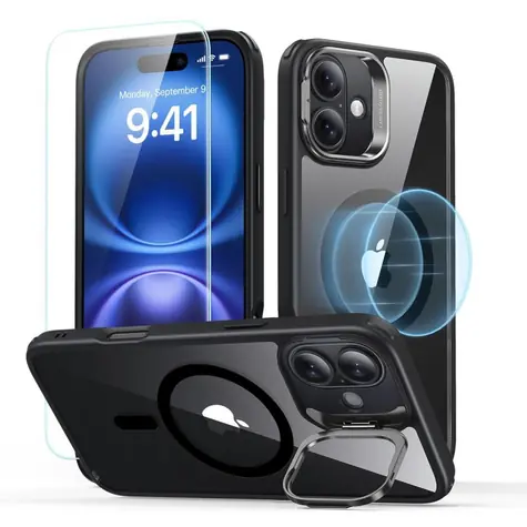 ESR Classic Hybrid HaloLock čierna / Puzdro so stojanom + ochranné sklo / Apple iPhone 16 / MagSafe