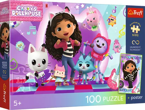 Trefl Puzzle Premium PLUS Kids Gábinin kúzelný domček: Mačací svet / 100 dielikov / 41 x 27,5 cm