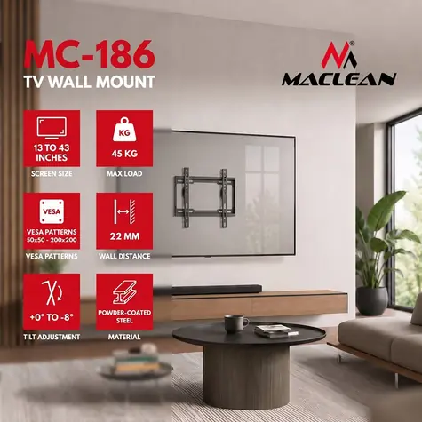 Maclean MC-186 čierna / Nástenný držiak pre TV / 13-43" / VESA 200x200 / nosnosť 45 kg / naklápanie