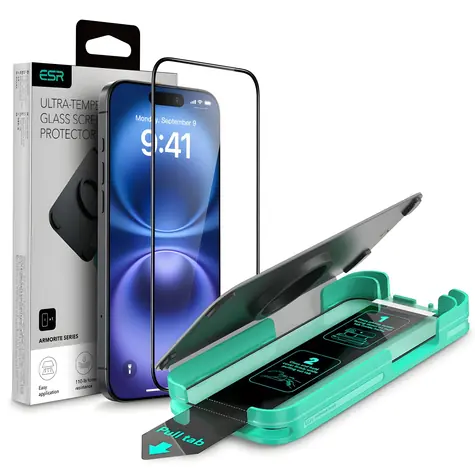 ESR Armorite čierna / Ochranné sklo / Apple iPhone 16 / s inštalačným rámčekom a aplikátorom