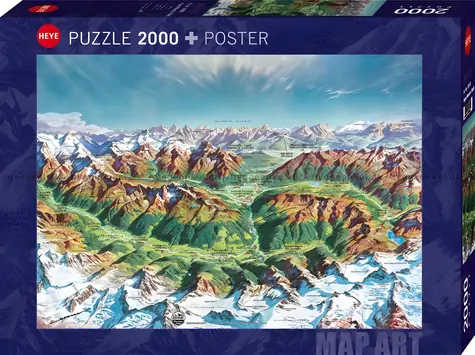 HEYE Puzzle Map Art: Horský svet v Alpách / 2000 dielikov / 97 × 69 cm