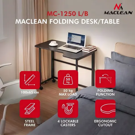 Maclean MC-1250 L/B čierna / Skladací stôl / mobilný / 100x65 cm / rohový, L-tvar / nosnosť 50 kg