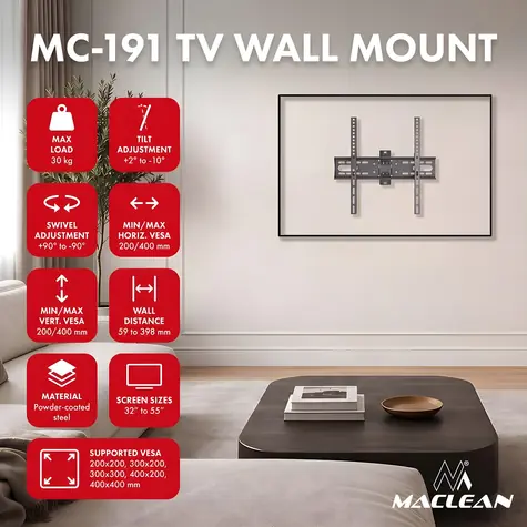 Maclean nástenný držiak TV čierna / Nástenný držiak pre TV / VESA 200x200-400x400 mm / 32-55" / nosnosť 30 kg